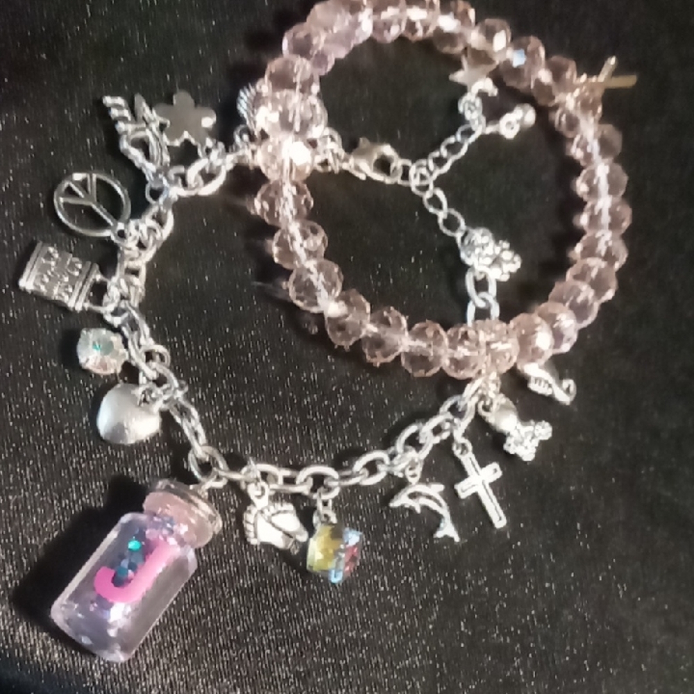 Silver girls sm. charm bracelet & a Pink glass beaded Bracelet initial J